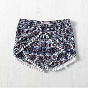 Altar’d State | High Waisted Boho Print Pom Pom Fringe Shorts